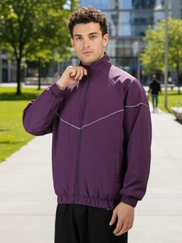 CHKOKKO - Men Purple Stand Collar Solid Windcheater Jacket