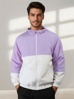 CHKOKKO - Men Lavender White Hooded Colour Blocked Windcheater Jacket