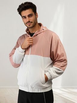 CHKOKKO - Men Peach White Hooded Colour Blocked Windcheater Jacket