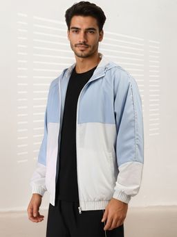CHKOKKO - Men Sky White Hooded Colour Blocked Windcheater Jacket