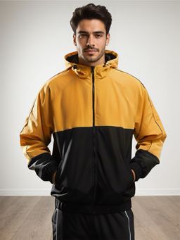 CHKOKKO - Men Yellow White Hooded Colour Blocked Windcheater Jacket
