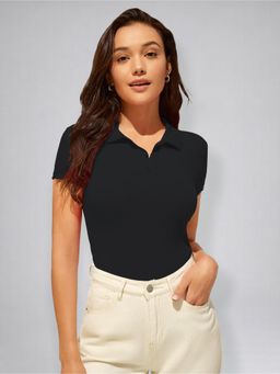 Twenty Dresses by Nykaa Fashion - Womens Black Polo Neck Ribbed T-Shirt