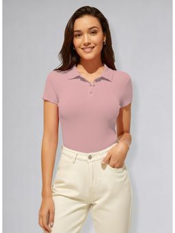 Twenty Dresses by Nykaa Fashion - Womens Pink Polo Neck Ribbed T-Shirt