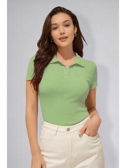 Twenty Dresses by Nykaa Fashion - Womens Pista Green Polo Neck Ribbed T-Shirt