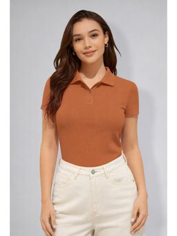 Twenty Dresses by Nykaa Fashion - Womens Rust Polo Neck Ribbed T-Shirt