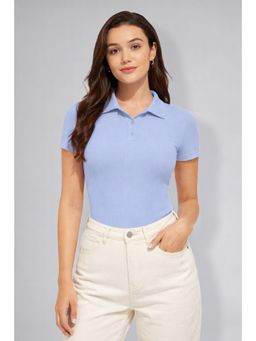 Twenty Dresses by Nykaa Fashion - Womens Sky Blue Polo Neck Ribbed T-Shirt