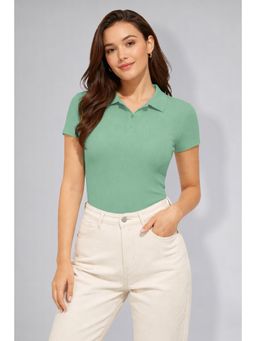 Twenty Dresses by Nykaa Fashion - Womens Teal Polo Neck Ribbed T-Shirt