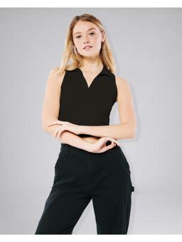 Twenty Dresses by Nykaa Fashion - Womens Black Sleeveless Collar V-Neck Top