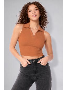 Twenty Dresses by Nykaa Fashion - Womens Rust Sleeveless Collar V-Neck Top