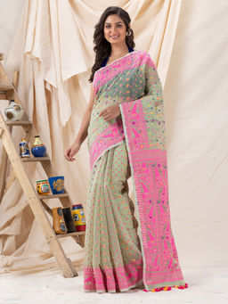 Angoshobha - Traditional Light Olive Soft Dhakai Jamdani Saree with Unstitched Blouse