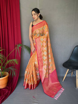 EXCLUSIVA - Orange Tissue Silk Woven Saree with Unstitched Blouse