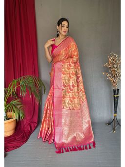 EXCLUSIVA - Pink Tissue Silk Woven Saree with Unstitched Blouse