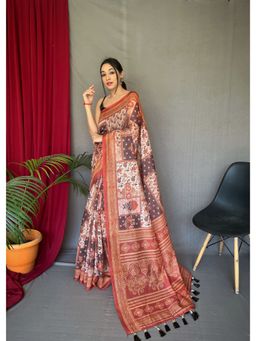 EXCLUSIVA - Orange Cotton Kashmiri Print Saree with Unstitched Blouse