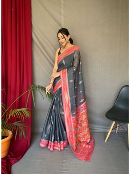 EXCLUSIVA - Black Linen Woven Ikat Saree with Unstitched Blouse