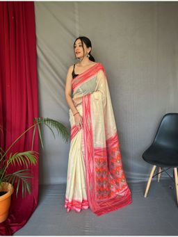 EXCLUSIVA - Cream Linen Woven Ikat Saree with Unstitched Blouse