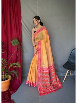 EXCLUSIVA - Orange Linen Woven Ikat Saree with Unstitched Blouse