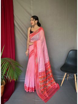 EXCLUSIVA - Pink Linen Woven Ikat Saree with Unstitched Blouse