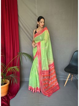 EXCLUSIVA - Green Linen Woven Ikat Saree with Unstitched Blouse