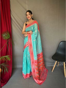 EXCLUSIVA - Blue Linen Woven Ikat Saree with Unstitched Blouse