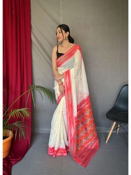 EXCLUSIVA - White Linen Woven Ikat Saree with Unstitched Blouse