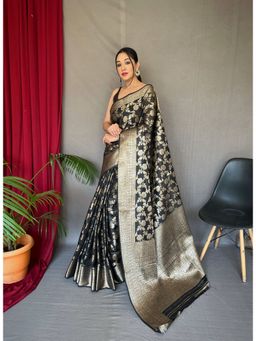 EXCLUSIVA - Black Cotton Linen Woven Saree with Unstitched Blouse