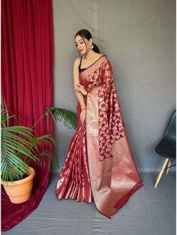 EXCLUSIVA - Maroon Cotton Linen Woven Saree with Unstitched Blouse