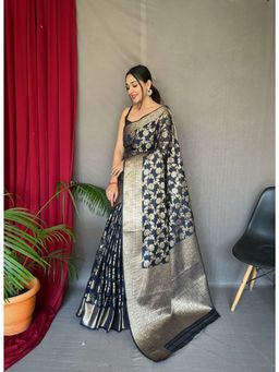 EXCLUSIVA - Navy Blue Cotton Linen Woven Saree with Unstitched Blouse