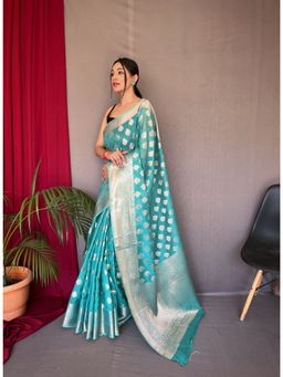 EXCLUSIVA - Blue Woven Saree with Unstitched Blouse