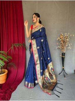 EXCLUSIVA - Navy Blue Paithani Silk Saree with Unstitched Blouse