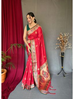 EXCLUSIVA - Red Paithani Silk Saree with Unstitched Blouse
