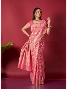 EXCLUSIVA - Pink Linen Ikat Saree with Unstitched Blouse