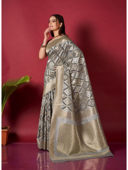 EXCLUSIVA - Grey Linen Ikat Saree with Unstitched Blouse