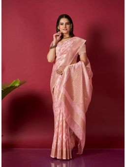 EXCLUSIVA - Pink Linen Ikat Saree with Unstitched Blouse