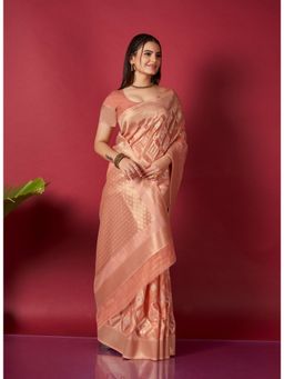 EXCLUSIVA - Peach Linen Ikat Saree with Unstitched Blouse