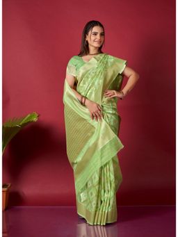 EXCLUSIVA - Green Linen Ikat Saree with Unstitched Blouse