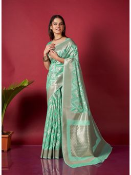 EXCLUSIVA - Sea Green Linen Ikat Saree with Unstitched Blouse