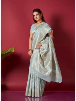 EXCLUSIVA - Blue Linen Ikat Saree with Unstitched Blouse