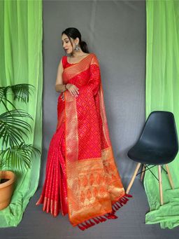 EXCLUSIVA - Red Bandhej Patola Saree with Unstitched Blouse