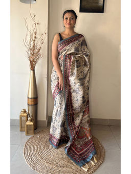 EXCLUSIVA - Beige Tribal Printed Saree with Unstitched Blouse