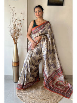 EXCLUSIVA - Beige Tribal Printed Saree with Unstitched Blouse
