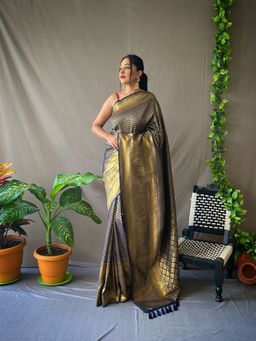 EXCLUSIVA - Navy Blue Kanjivaram Saree with Unstitched Blouse