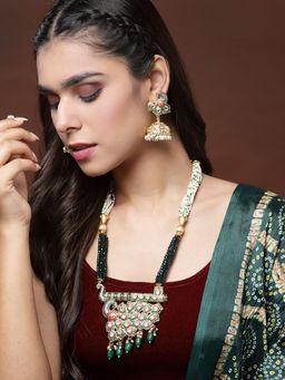 PANASH - Gold Plated Kundan and Beads Peacock Shaped Meenakari Jewellery (Set of 2)