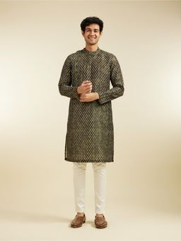 Diwas by Manyavar - Bottle Green Bandhani Printed Angrakha Style Kurta with Pyjama