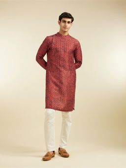 Diwas by Manyavar - Red Bandhani Printed Angrakha Style Kurta with Pyjama