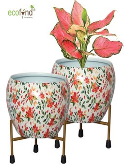 Ecofynd - Lio White Floral Metal Pot With Stand (Set Of 2)