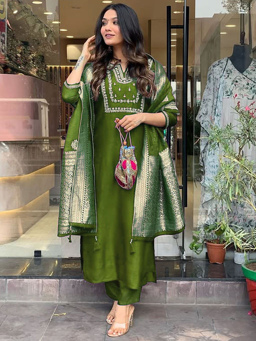 BLACK SCISSOR Green Chanderi Cotton Kurta with Pant & Dupatta (Set of 3)