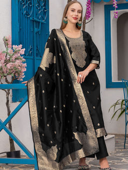 BLACK SCISSOR - Black Polyester Blend Kurta with Pant & Banarasi Silk Dupatta (Set of 3)