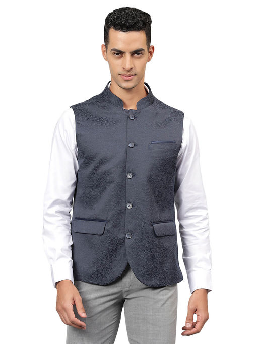 Cantabil Men Navy Blue Self Design Mandarin Collar Waist Coat