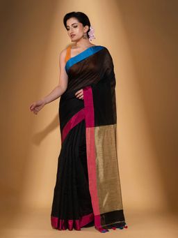 Beatitude - Black Blended Cotton Woven Saree with Unstitched Blouse