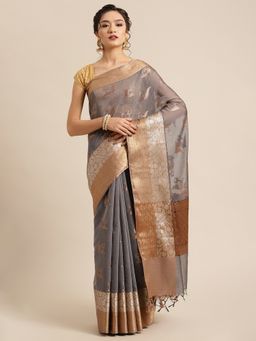 Banarasi Silk Works - Masrise Cotton Woven Saree Grey with Unstitched Blouse
